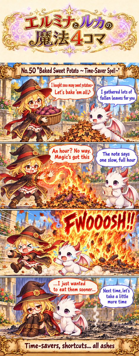 elmina_4koma's tweet photo. No.50 "Baked Sweet Potato ~ Time-Saver Spell ~"

I bought sooo many sweet potatoes
and Luca gathered all the leaves
All that's left is baking
But waiting a whole hour? No way
Thought magic would make it quick... but

#エルミナとルカの魔法４コマ
#AIart
#AI漫画
#AI4コマ https://t.co/jAQJL8IybY