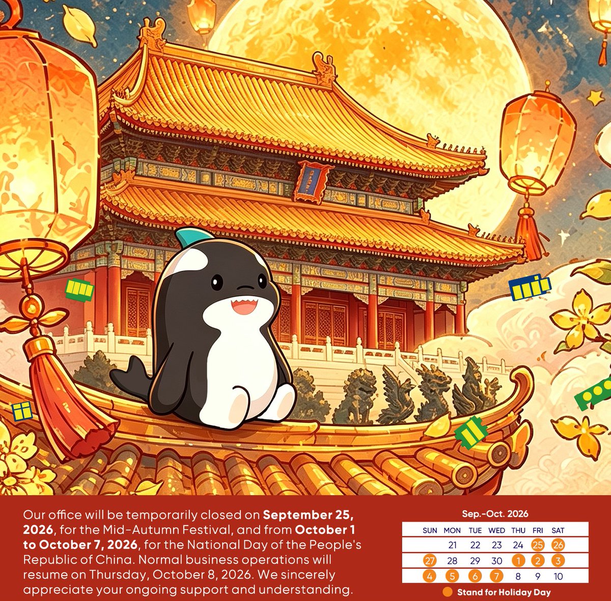 APEXMIC's tweet photo. ❤️🎊🥰Our office will be closed October 1–7, 2026, for the #NationalDay holiday and will reopen on Thursday, October 8.
🎉Happy National Day! https://t.co/yA67fCMRI2