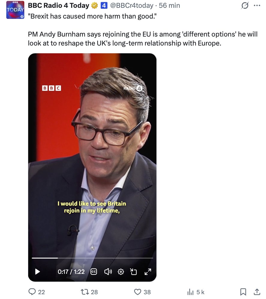AlexTaylorNews's tweet photo. "Le Brexit a fait davantage de mal que de bien"

A la BBC ce matin le nouveau PM GB Burnham "aimerait revoir la GB dans l'UE de mon vivant" https://t.co/MYmNfC4Gsc