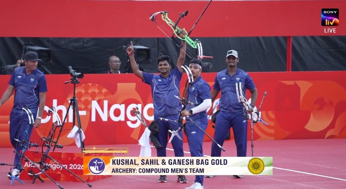 mufaddal_vohra's tweet photo. GOLD NO.10 FOR INDIA. 🇮🇳 

- Sahil Jadhav, Ganesh M.R. Thirumuru &amp; Kushal Dalal win Gold Medal in Men’s Compound Team event.🥇🏹 https://t.co/SNR0rMoayK