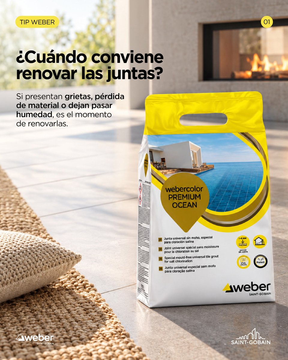 SGweberES's tweet photo. 🛠️ #TipWeber Si presentan grietas, pérdida de material o dejan pasar humedad, es momento de renovarlas.

webercolor PREMIUM OCEAN ofrece altas resistencias, protección antimoho y resistencia a las manchas, en interior y exterior.

#MakingTheWorldABetterHome https://t.co/OJNLpHxxXd
