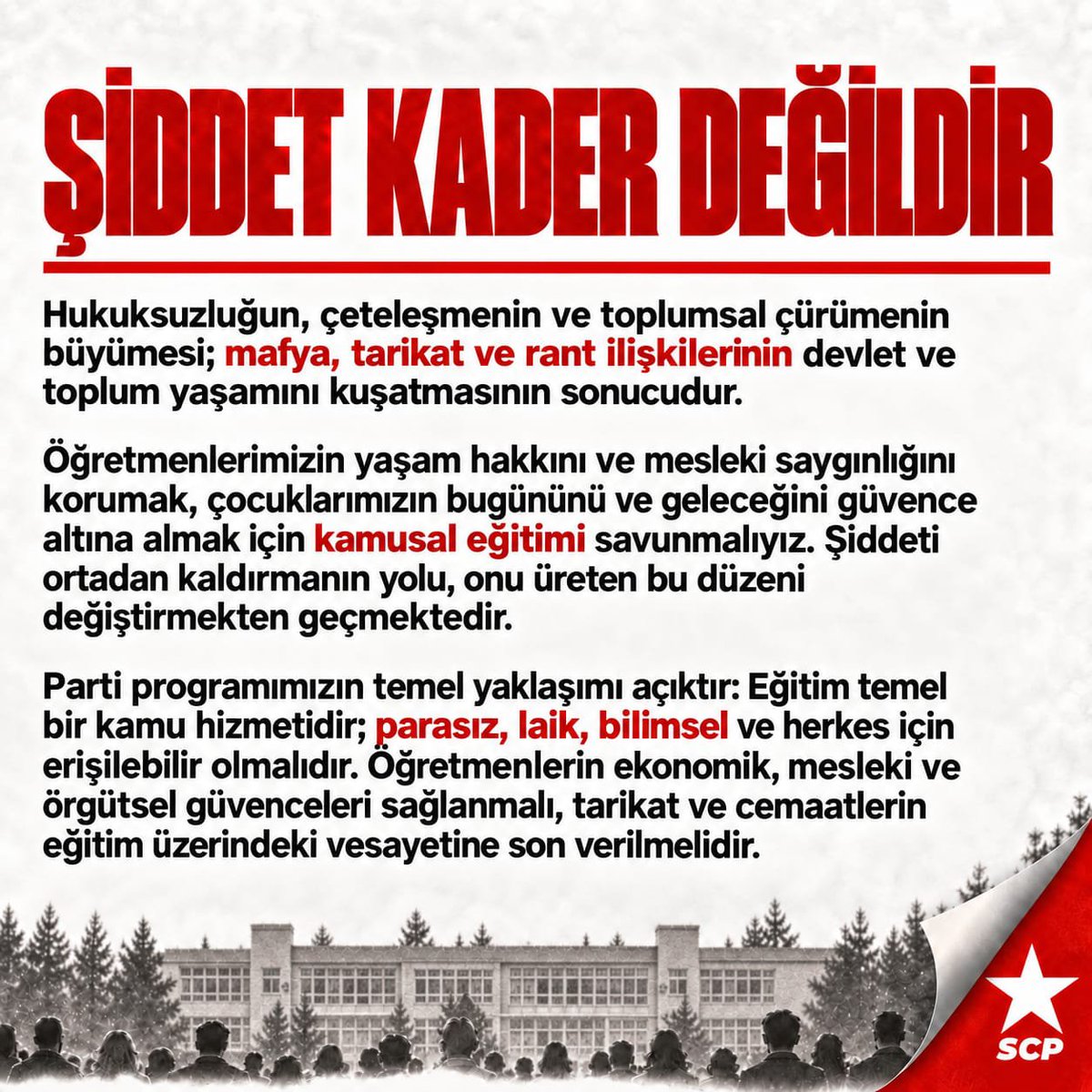 SCPGenelMerkez's tweet photo. Osmaniye Farabi Anadolu Lisesinde görev yapan Türk dili ve edebiyatı öğretmeni Mehmet Bilgili’nin, okul bahçesinde uğradığı silahlı saldırı sonucu yaşamını yitirdiğini derin bir üzüntüyle öğrendik.

Bu saldırıyı en güçlü biçimde kınıyor; Mehmet Öğretmen’in ailesine, öğrencilerine, meslektaşlarına ve bütün eğitim camiasına başsağlığı diliyoruz.

Okullar, çocuklarımız ve eğitim emekçilerimiz için en güvenli kamusal alanlar olmalıdır. Öğretmene yönelen şiddeti, denetimsiz silahlanmayı ve okulları güvencesiz bırakan anlayışı kabul etmiyoruz.

Şiddet kader değildir.
