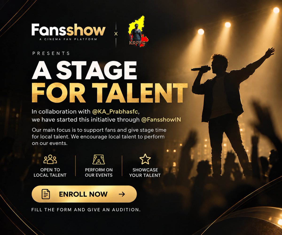 FansshowIN's tweet photo. In collaboration with @KA_Prabhasfc, we’re launching a new initiative through @FansshowIN to support fans and give local talent a stage.

If you have a talent you want to showcase, this is your chance to perform at our events.

Let’s bring local talent to the spotlight.
#Fansshow https://t.co/6hKYPOg5xv