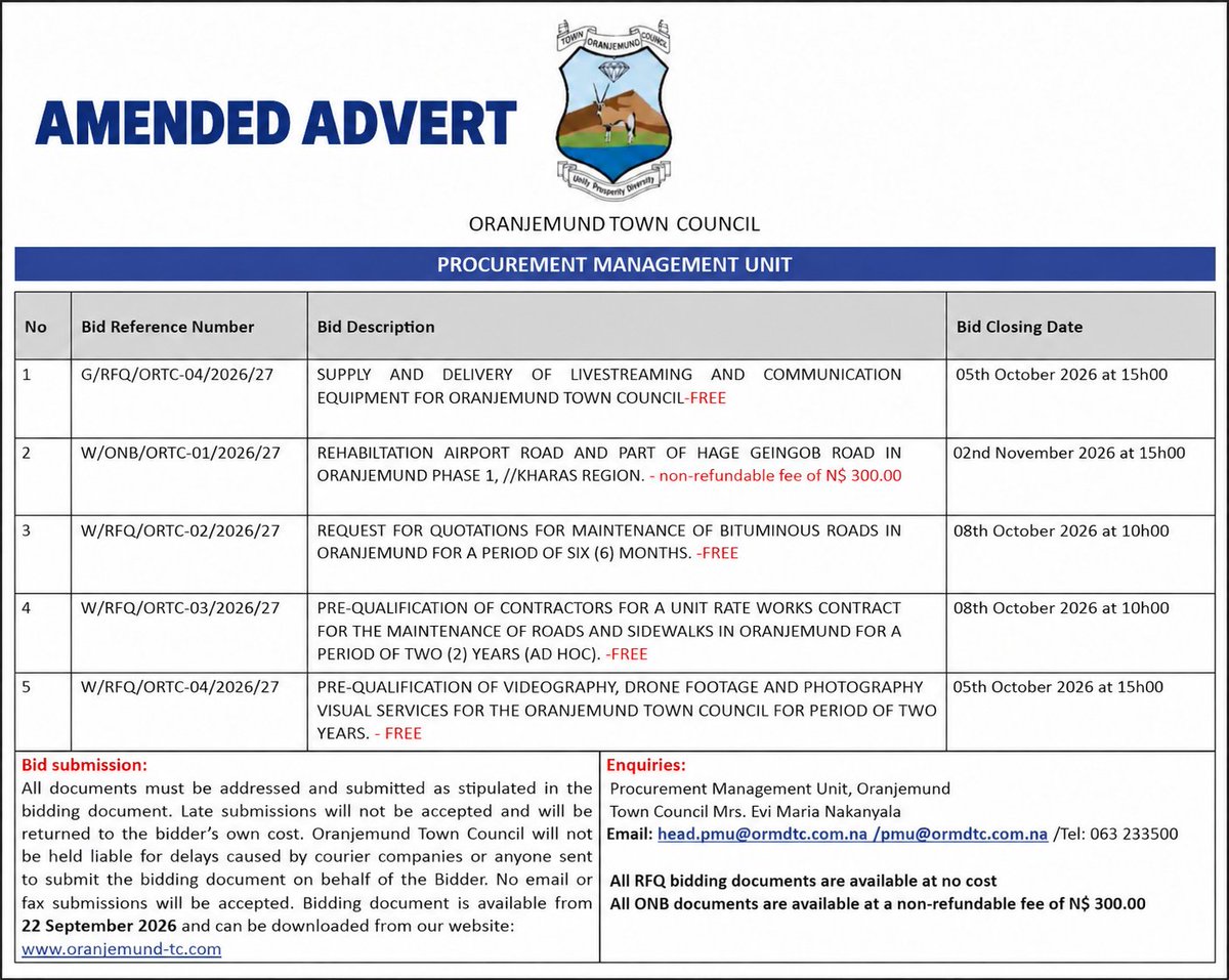 OranjemundTC's tweet photo. 📢 AMENDED PROCUREMENT ADVERT

View our Procurement portal - Bid Opportunities to access the Notice to Bidders and Addendum No. 1: https://t.co/vlALOnKiD2 https://t.co/rw25n6rNcL