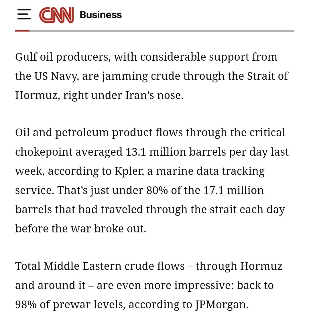 TuiteroMartin's tweet photo. La CNN descubre que la exportación de crudo por Ormuz es el 80% del nivel pre-guerra "resultado de una compleja operación de tránsito furtivo de buques cisterna escoltados por fuerzas militares a través del estrecho."

Las iraníes en cero.

Todo les sale bien a los Ayatollahs. https://t.co/dTnHURQob8