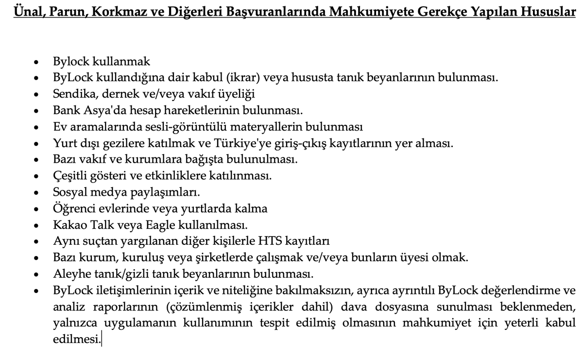 DrUfukYesil33's tweet photo. AİHM: Bylock Kullanmak = Örgüt Üyeliği Diyemesiniz!

AİHM'in dün açıkladığı kararlarda Hükümet, cezaların sadece Bylock kullanımına dayanmadığını ve görseldeki hususların da  mahkumiyete gerekçe yapıldığını söylemişti. 

Peki AİHM ne dedi? Dosyada başka deliller bulunsa bile yerel mahkemelerin yalnızca Bylock kullanımını suçun kanıtı olarak kabul ettiğini belirtti ve yerel mahkemelerin bu yaklaşımının kişilere otomatik olarak suç yüklediğini ifade ederek bunun hukuka aykırı olduğuna karar verdi.

📽️İzlemek İçin: https://t.co/M8XHhdOINJ