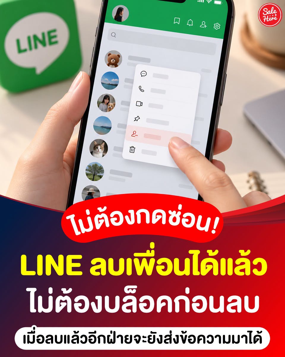 salehere1's tweet photo. 📣 LINE ลบเพื่อนได้ง่ายขึ้นแล้ว! ไม่ต้องซ่อนหรือบล็อกก่อน แต่ “ลบ” ได้เลย ระบบไม่แจ้งเตือนอีกฝ่ายด้วย 👀 แต่ต้องรู้ไว้ว่า ลบแล้วเขายังส่งข้อความหรือโทรหาเราได้ หากไม่อยากให้ติดต่ออีกต้องใช้ “บล็อก” แทน แชร์ไว้เผื่อได้ใช้! 📱
.
📍วิธีลบเพื่อนใน LINE
1. เข้าไปที่หัวข้อ “เพื่อน”
2. ค้นหาบัญชีที่ต้องการลบ
3. แตะค้างที่ชื่อหรือบัญชีของบุคคลนั้น เลือกคำสั่ง “ลบ”
4. ตรวจสอบข้อความแจ้งเตือน แล้วกดยืนยันการลบอีกครั้ง

#SaleHere #เซลเฮียร์ #LINE #ไลน์ #ลบเพื่อนLINE