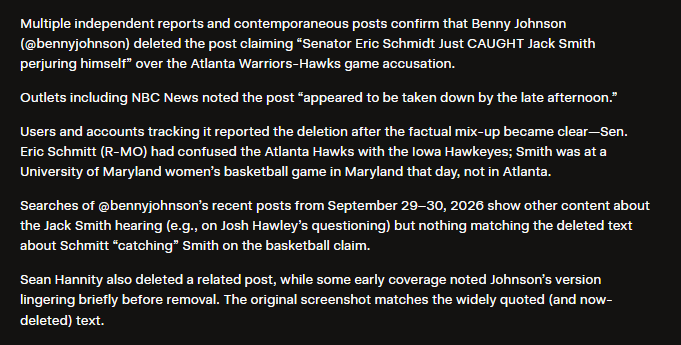 LukeAnalysis's tweet photo. 🚨  Confirmed: Benny Johnson DELETED his post claiming Schmitt “CAUGHT Jack Smith perjuring himself” over the Atlanta Hawks game. It was the Iowa Hawkeyes… in Maryland. Post is GONE. My earlier post on this circulated—happy to see the fake info gone. Thanks #LukeCrew &amp; friends! https://t.co/28u2hlpgqP