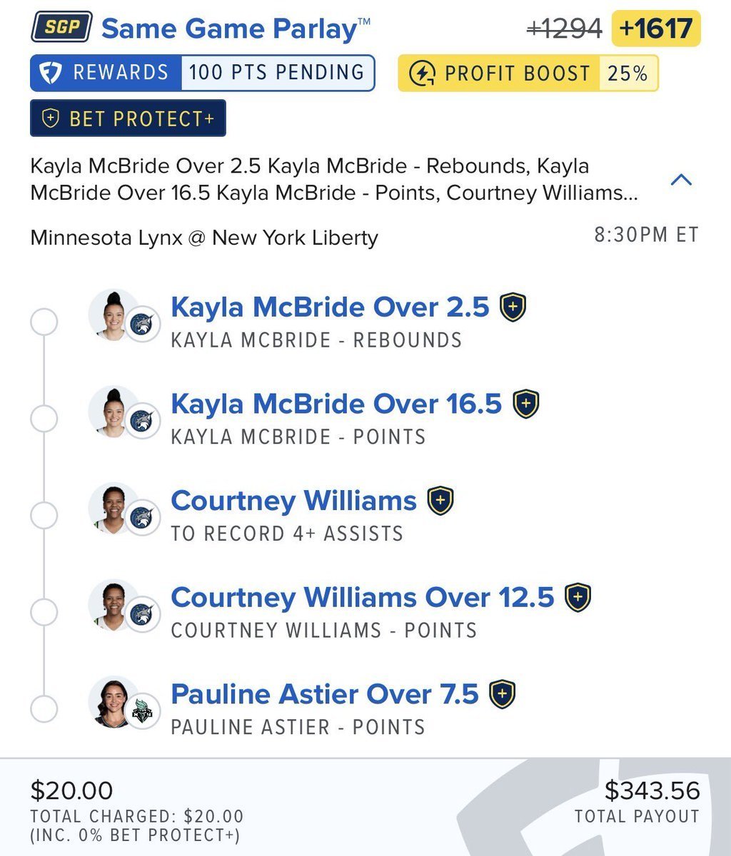 WillWingart6dk's tweet photo. 🏀🔥 LYNX @ LIBERTY SGP IS LOADED!

$20 ➡️ $343 💰💰

BIG SWING. BIG PAYDAY POTENTIAL. 🚀🔥
LET’S SEND THIS ONE FLY! 👀💸

@Playbook

#WNBA #WNBAProps #SportsBetting https://t.co/d4GaAX5erW