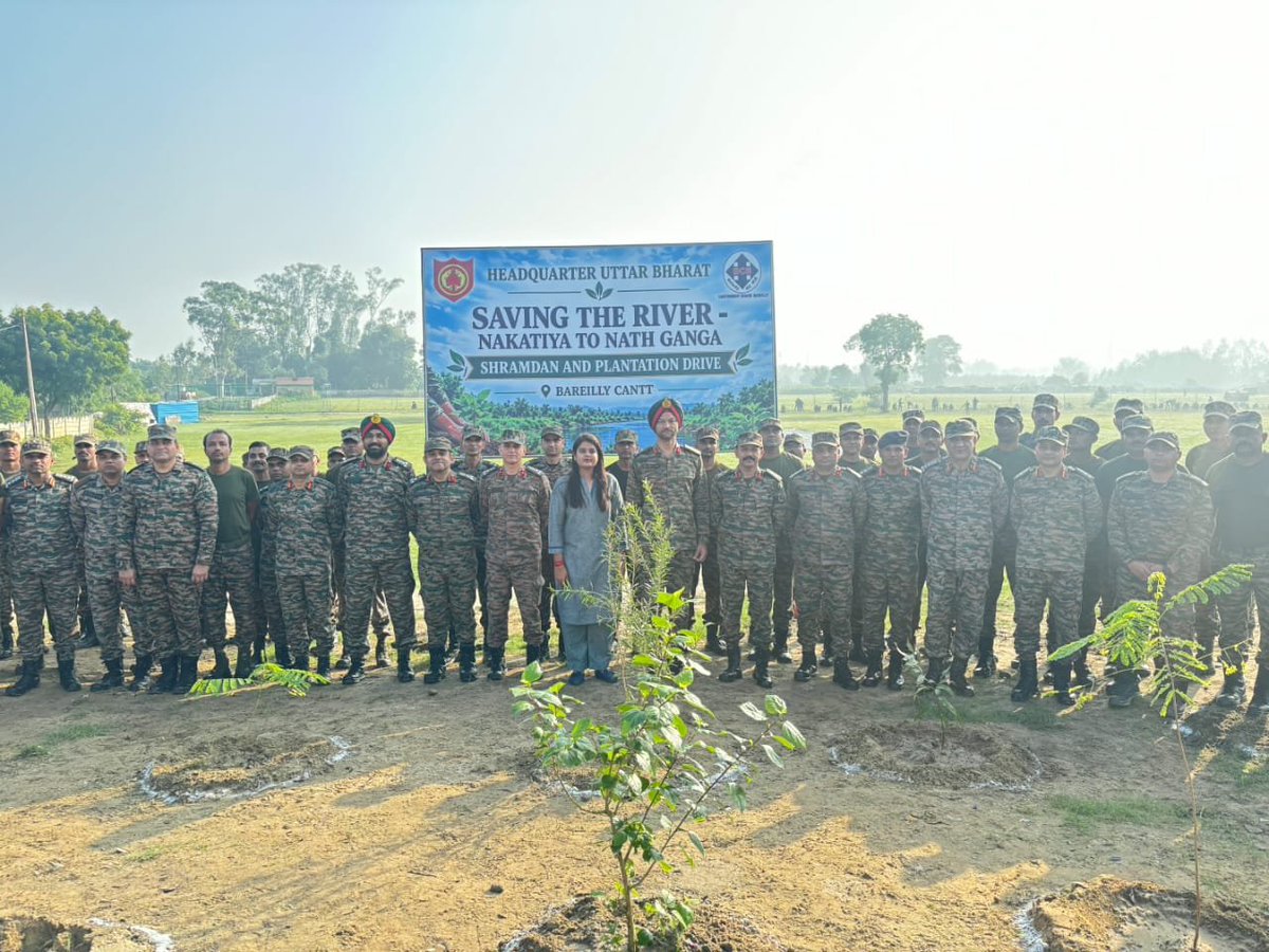 UBArea_IA's tweet photo. 🇮🇳 11,000 TREES. ONE RIVER. ONE GREEN MISSION.

From Nakatiya to Nath Ganga, the mission is bigger than a cleanup — it is a pledge to revive a living river corridor.

On 30 Sep 2026, HQ Uttar Bharat & Bareilly Cantonment Board joined hands with Army personnel and civic stakeholders for Shramdaan, river cleaning, bank restoration and plantation.

🌱 11,000 trees planted for the proposed Nakatiya–Nath Ganga Green Corridor.

Cleaner river. Greener banks. Stronger Jan Bhagidari.

Nakatiya to Nath Ganga — together for a living river.

#IndianArmy #SuryaCommand #HQUttarBharat #SHS2026 #SwachhataHiSewa2026 #MissionLiFE #CleanRiver #GreenIndia

@SwachhBharatGov @SwachhBharat @MoHUA_India @MoJSDDWS @adgpi @panchshulpulse @PRODefDehradun @suryacommand @IbexRadioTarana @radioibextarana @voiceofspiti @voiceofkinnaur @ProDefLko @SpokespersonMoD @DefMinIndia @ceobareilly