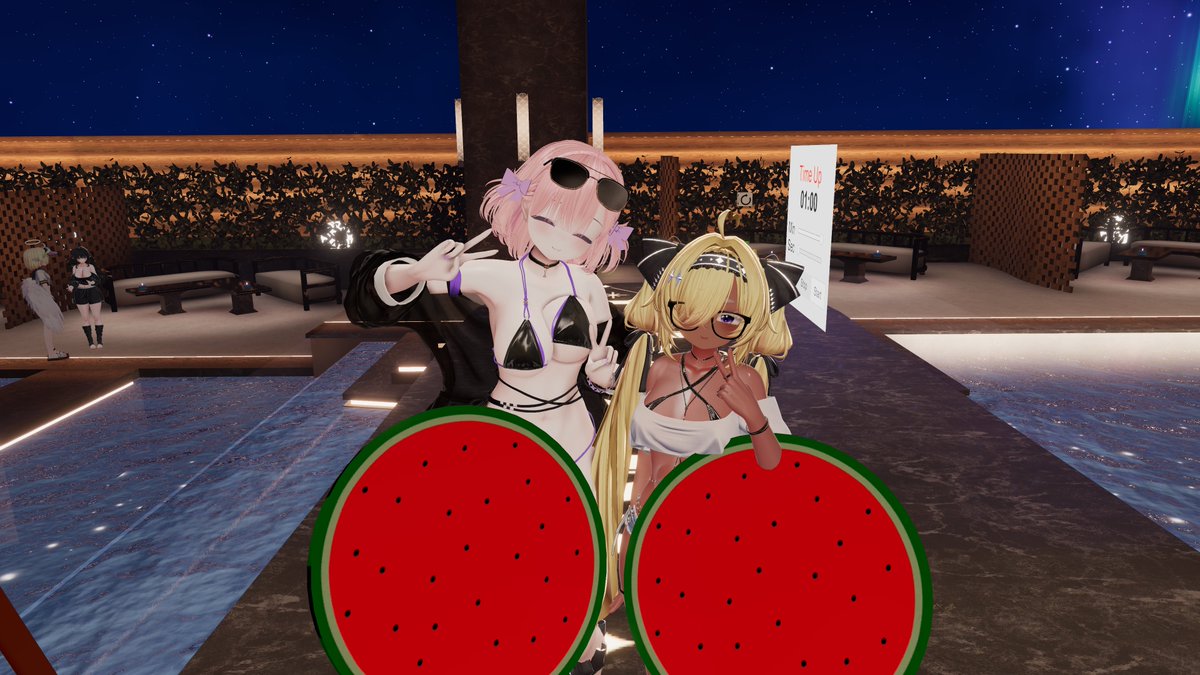 Tsuyuri_VRchat's tweet photo. 初めて #LabradoNight に行ってきました！
お相手はミユキさんでした！
前半では、プールでお話させていただき二人とも始まる直前にアルトラの足が片方飛んで3点になる奇跡？が起こっていたり、初めてスイカ割りをした！！
後半はもう色々凄かった。ご褒美も凄かった。これしか言えない https://t.co/4wUJkrMC7K