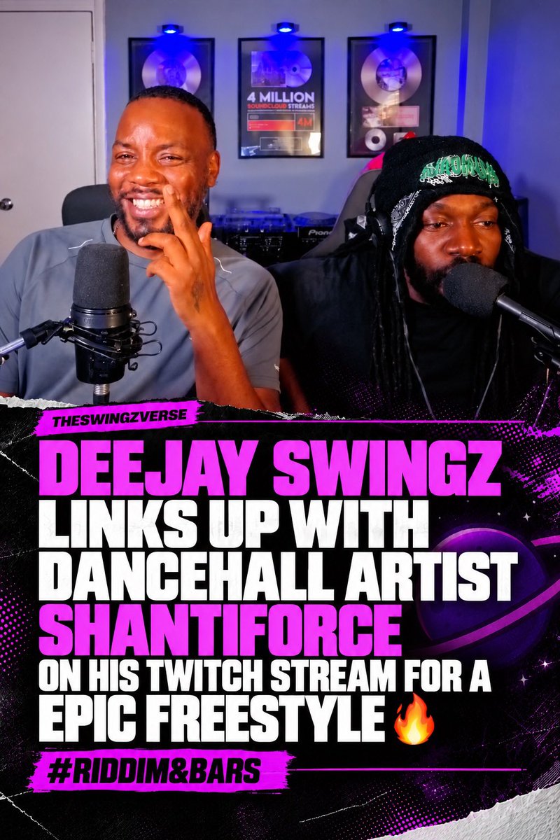 DeejaySwingz's tweet photo. Deejay Swingz links up with DANCEHALL artist @shantiforce on his Twitch stream for an EPIC freestyle! 🔥🎤

This is the first instalment of #RiddimAndBars — bringing Dancehall, Grime &amp; raw freestyle energy straight to the stream. 🥶🔥 https://t.co/wRLuOhdNiv