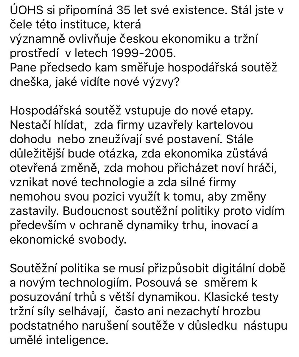 josef_bednar1's tweet photo. ÚOHS si připomíná 35 let své existence. Stál jste v čele této instituce, která
významně ovlivňuje českou ekonomiku a tržní prostředí  v letech 1999-2005.
Pane předsedo kam směřuje hospodářská soutěž dneška, jaké vidíte nové výzvy?

Hospodářská soutěž vstupuje do nové etapy. ….. https://t.co/g0Af6oFzEN