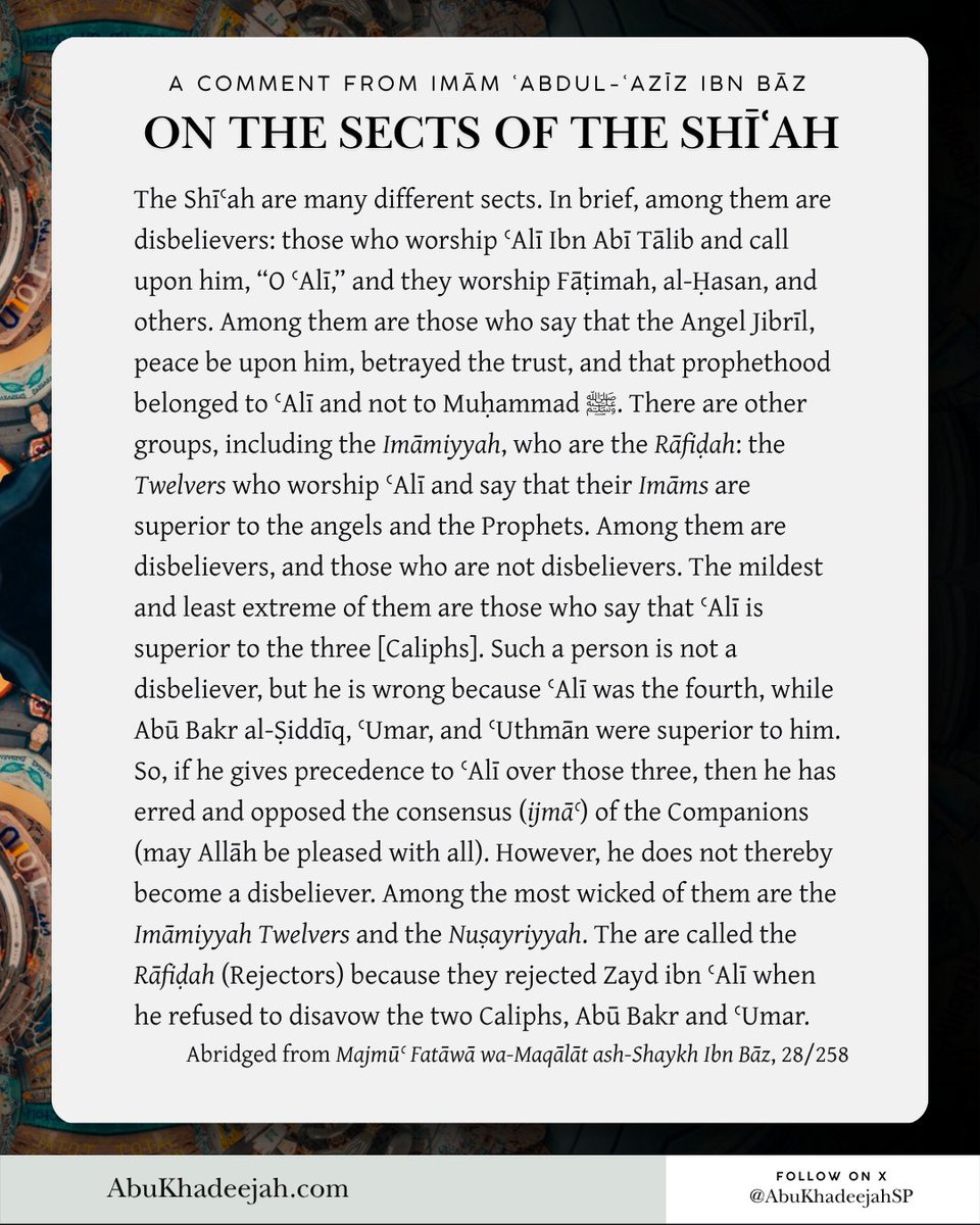 AbuKhadeejahSP's tweet photo. The Muslims should not be deceived.

Shaykh Ibn Bāz on the sects of the Shi'ah.
Shaykh Al-Fawzān: The Houthis of Yemen are Rāfidah Shi'ah. https://t.co/GkipnW8aJ6