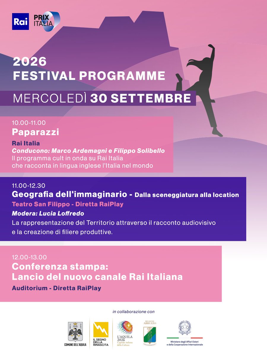 PrixItaliaRai's tweet photo. 𝟳𝟴º 𝗣𝗿𝗶𝘅 𝗜𝘁𝗮𝗹𝗶𝗮 - 𝗗𝗮𝘆𝟯

Scopri il 𝗽𝗿𝗼𝗴𝗿𝗮𝗺𝗺𝗮 e non perderti tutti gli eventi della 
𝘵𝘦𝘳𝘻𝘢 𝘨𝘪𝘰𝘳𝘯𝘢𝘵𝘢 👇🏻 

#PlayHuman #PrixItalia https://t.co/G0m2xDZDik