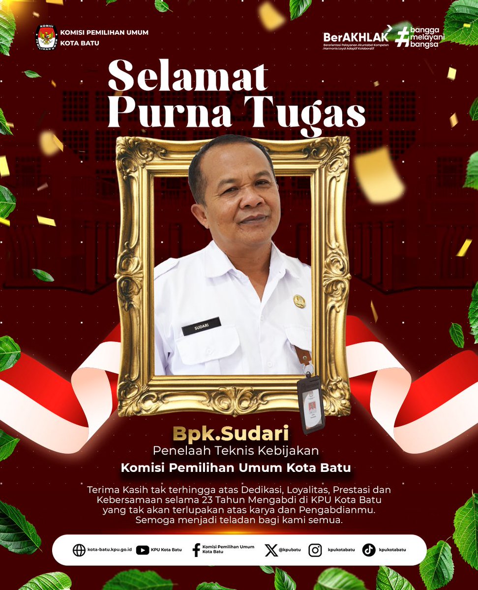 KPUBatu's tweet photo. ✨ Keteladanan adalah Inspirasi 

#TemanPemilih, segenap pimpinan dan jajaran sekretariat KPU Kota Batu mengucapkan selamat memasuki masa purna tugas kepada Bapak Sudari, staf KPU Kota Batu.

#KPUMelayani #PurnaTugas https://t.co/suAIdWUfT4