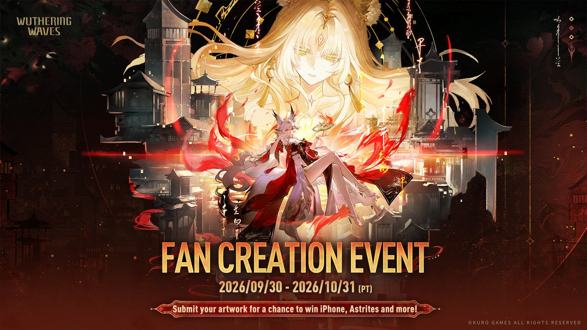 Wuthering_Waves's tweet photo. Dear Rovers,

Wuthering Waves Fan Creation Event "Prism's Illusion, Heart's Illumination" is now live! Post your work with hashtags #WutheringWaves and #WuWaFanart on X (Twitter)/Instagram/Facebook and fill out the form for a chance to win iPhone 18 Pro 512GB, Astrites and more!

Create your works of boundless imagination to present the world of Wuthering Waves!
Proceed to submit: https://t.co/QTCw1EI2ZF

Check the link for more information: https://t.co/xe9En2TxJB

#WutheringWaves #WuWaFanart