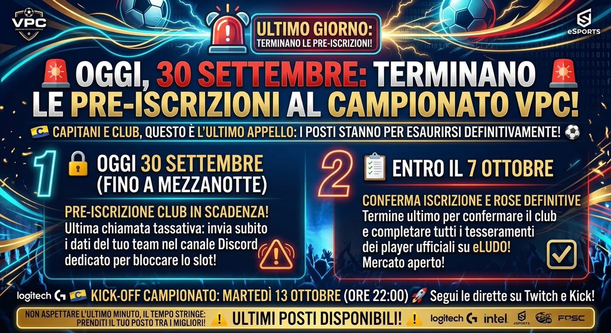 vpcleagueit's tweet photo. 🚨 OGGI È IL GIORNO: CHIUDONO LE PRE-ISCRIZIONI AL CAMPIONATO VPC! ⏳🔥
Capitani, stop agli indugi! Oggi, 30 Settembre, si chiude ufficialmente la prima finestra fondamentale della stagione: le Pre-Iscrizioni Club terminano a mezzanotte! 🎮⚽
#esports #proclubs #eafc27 #italia https://t.co/kZluCuQNVD
