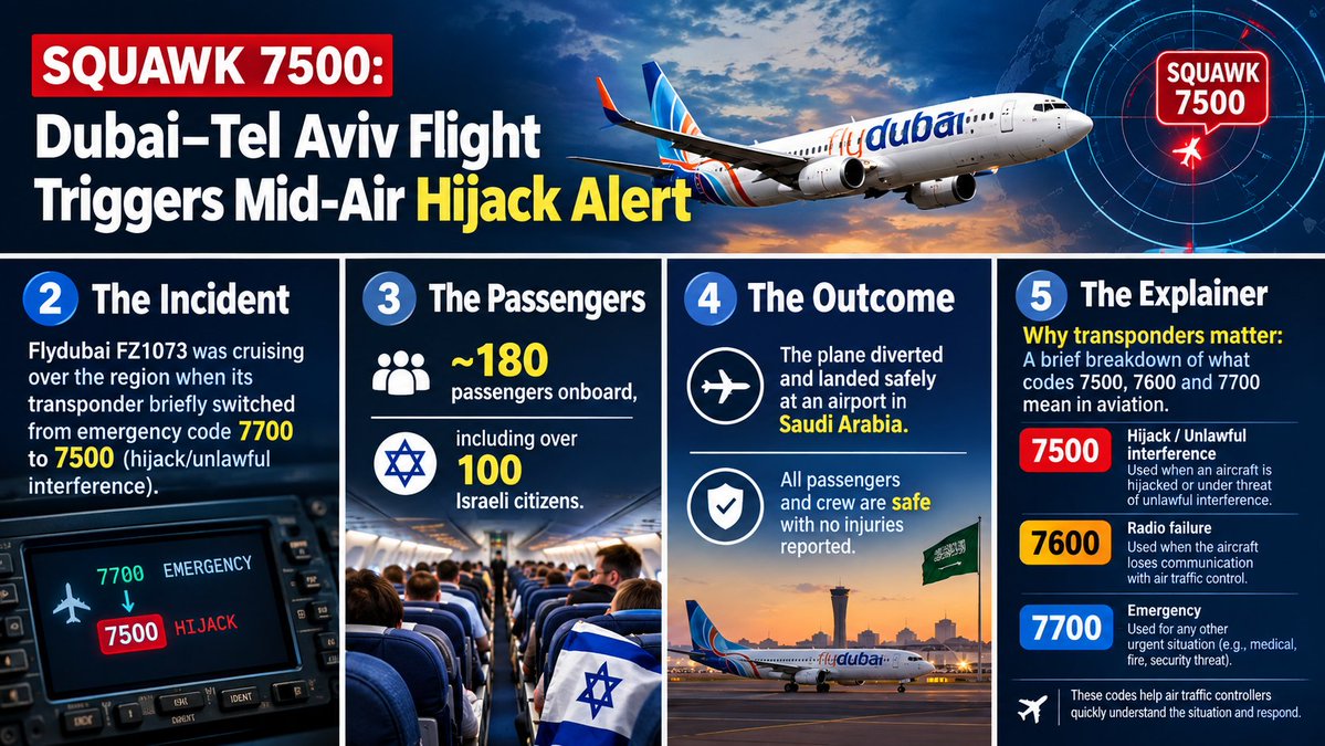 rrnewstrends's tweet photo. 🚨 A Dubai-to-Tel Aviv commercial flight carrying ~180 passengers sparked an emergency defense response after briefly transmitting squawk code 7500—the international code indicating a hijack.   https://t.co/Pn3EYgNayF
#AviationNews #Flydubai #Israel https://t.co/TUtHQFUV1S