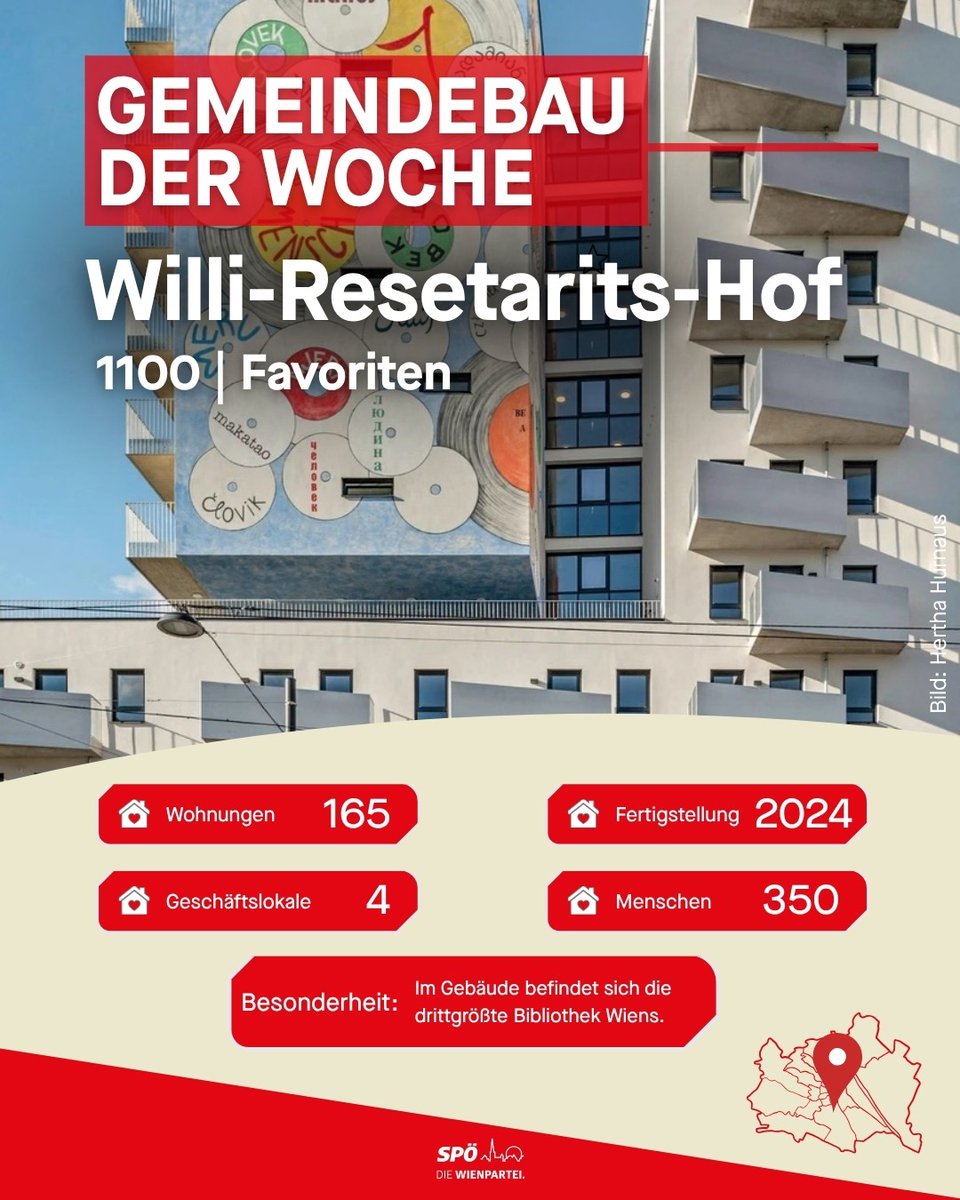 SP_Wien's tweet photo. Dieses Mal geht es nach Favoriten zum Willi-Resetarits-Hof. 👉 Der 2024 eröffnete Gemeindebau umfasst 165 leistbare Wohnungen und wurde nach dem Musiker und Humanisten Willi Resetarits benannt, der in Favoriten aufgewachsen ist und 2022 viel zu früh verstorben ist. https://t.co/rhV96UMwlJ
