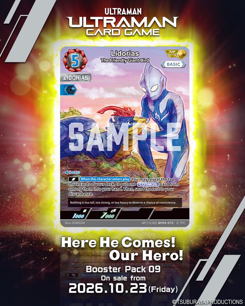 ucg_en's tweet photo. ◢◤#UltramanCardGame◢◤

⚡Card Design Reveal⚡

From Booster Pack 09
“Here He Comes! Our Hero!”

[BP09-072]
“Lidorias The Friendly Giant Bird”

His encounter with Ultraman. His longing for space.

Now a young man, Musashi sets out in pursuit of a new dream.

Booster Pack 09 goes on sale 23 October 2026!

#UCG #BP09