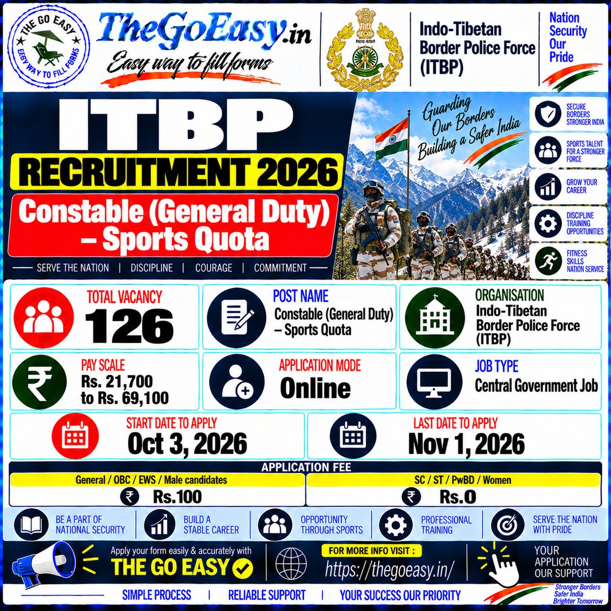 thegoeasy's tweet photo. 🚨 ITBP Constable Recruitment 2026 | 126 Posts
📋 Post: Constable (General Duty) – Sports Quota
🏢 Organisation: Indo-Tibetan Border Police Force (ITBP)
💰 Pay Scale: ₹21,700–₹69,100
💻 Application Mode: Online
🔗 For More:
🔗 https://t.co/Fi0kUIFufJ https://t.co/N4Cpfrixob