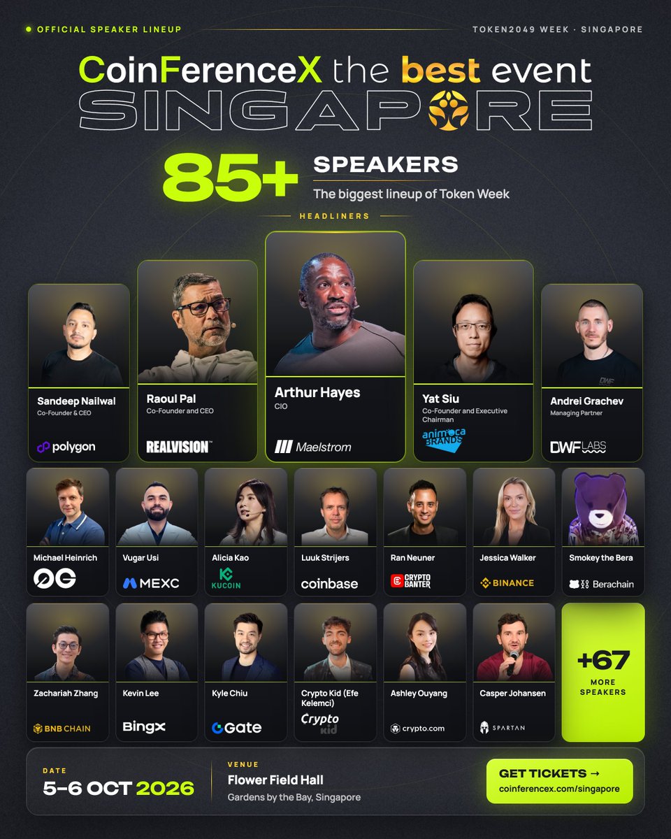 HackTourIND's tweet photo. 🚀 Singapore is gearing up for CoinFerenceX, bringing together 85+ leading voices from across Web3, blockchain, finance, and technology!

From Arthur Hayes and Sandeep Nailwal to Raoul Pal and Yat Siu, expect two days of insights, connections, and conversations shaping the future of Web3. 🌐

🤝 HackTour India is excited to be a Community Partner of @CoinFerenceX!

📅 5–6 October 2026
📍 Gardens by the Bay, Singapore
🎟️ Register now: https://t.co/q9zy9DgdZ2