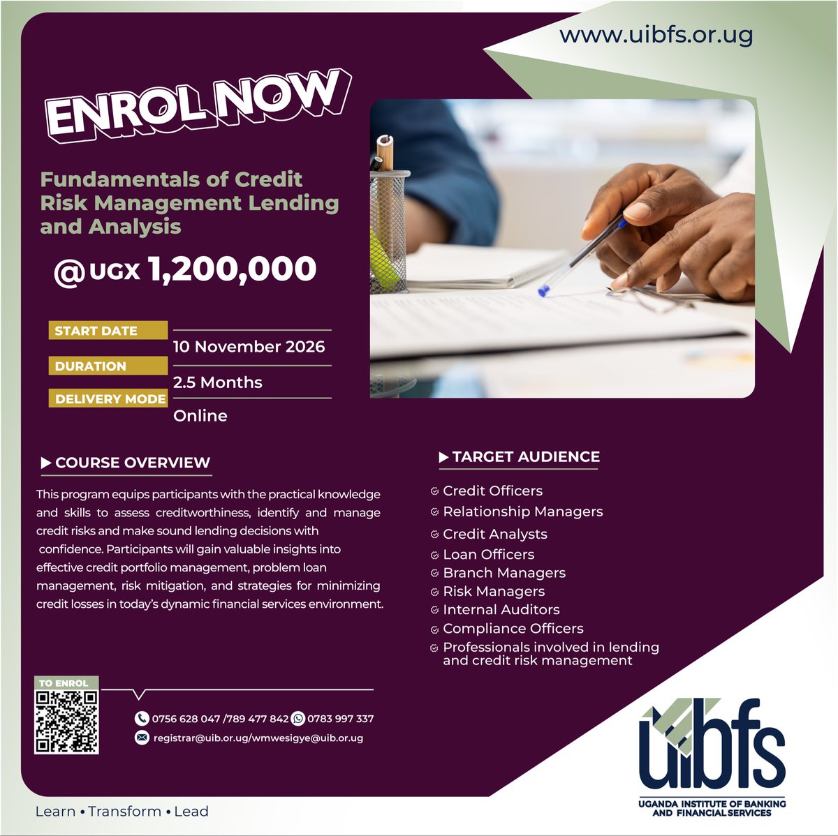 ibfsUg's tweet photo. Enrol Now!

Build practical expertise in Credit Risk Management, Lending and Analysis and strengthen your ability to make sound lending decisions and manage credit risk effectively.

Start Date: 10th November 2026

Apply Here:https://t.co/DWuCCBei0u

Sumulula your banking career with UIBFS!

#UIBFS #CreditRiskManagement #ProfessionalDevelopment