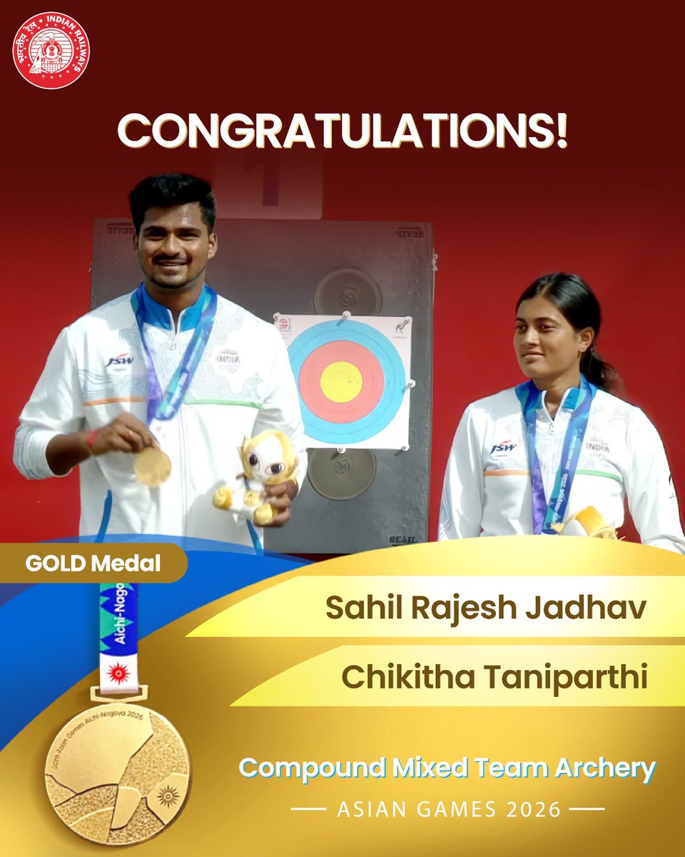 RailMinIndia's tweet photo. Gold for India! 🥇🇮🇳
The Indian Compound Mixed Team clinches the Gold Medal in Archery. 🏹✨ Congratulations to Sahil Rajesh Jadhav a proud member of Indian Railways, and Chikitha Taniparthi on this monumental victory!
#AsianGames2026 https://t.co/eh1FJYOxUY