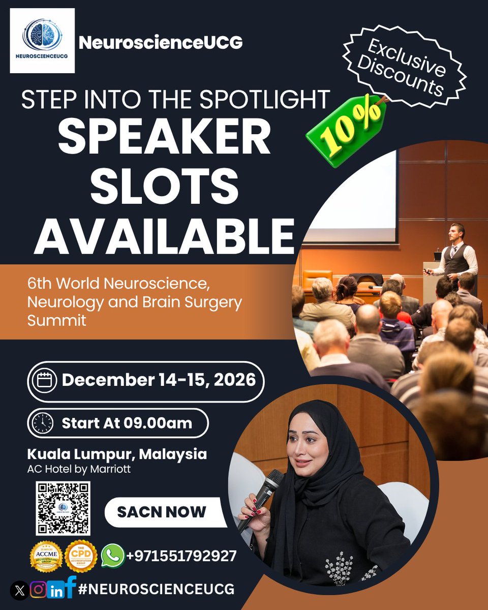 m_resma28240's tweet photo. 6th World Neuroscience, Neurology and Brain Surgery Summit.
December 14–15, 2026 | Kuala Lumpur, Malaysia
Early Bird Deadline is To Day Hurry Up Hurry up
Register Now: https://t.co/DxVK3pic5j
#callforspeakers #neuroscience #neurology #neurosurgery #brainsurgery #kualalumpur https://t.co/W5v9JU0Z8S