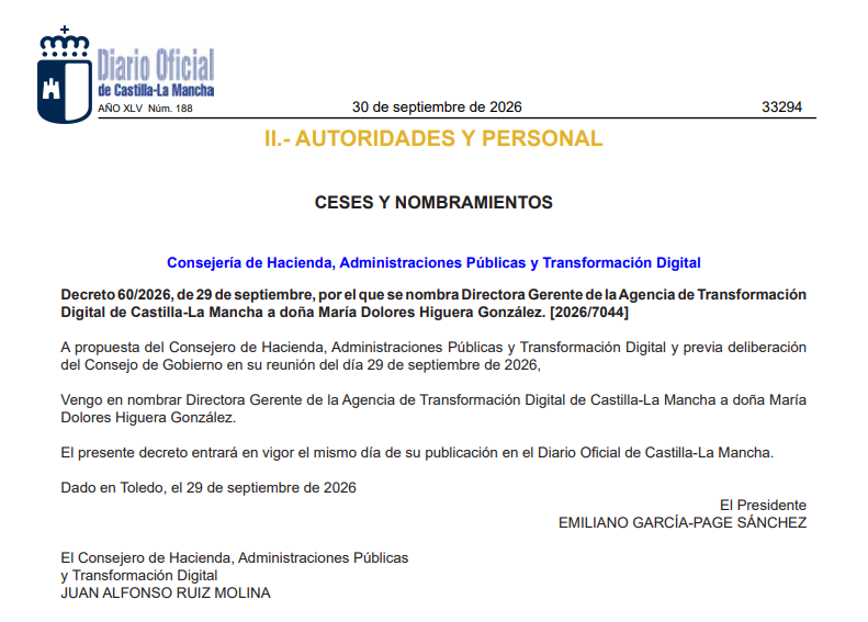 jaruiz45's tweet photo. Lola Higuera González, nombrada nueva directora gerente de la #Agencia de #TransformaciónDigital de #CLM; como publica el #DOCM María Asunción Cañada Belda pasa a ocupar la #DirecciónGeneral de Infraestructuras de las Telecomunicaciones y Ciberseguridad. 

https://t.co/vv4Tu1mRZ0 https://t.co/tDC82edmwO