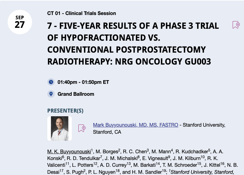 APCCC_Lugano's tweet photo. 25 fractions ☢️  or 37 — does shorter postprostatectomy RT come with a meaningful toxicity trade-off?

FIVE-YEAR RESULTS OF A PHASE 3 TRIAL OF HYPOFRACTIONATED 🆚 CONVENTIONAL POSTPROSTATECTOMY RADIOTHERAPY: NRG ONCOLOGY GU003

5️⃣ year results from a randomized trial comparing hypofractionated (HYPORT) versus conventionally fractionated postprostatectomy radiotherapy☢️ (COPORT) show similar patient-reported urinary, bowel, and quality-of-life outcomes, with comparable biochemical control. 
➡️HYPORT reduced treatment from 37 to 25 fractions but was associated with more grade 3 genitourinary toxicity, particularly cystitis and hematuria. 
➡️Despite this increase, no grade 4–5 radiation-related events occurred, supporting HYPORT as an effective and practical postprostatectomy radiotherapy approach. #ProstateCancer

@jmmrad, @RonaldChenMD, @RTendulkarMD, @ndesai2005, @DrPaulNguyen, @DrHowardSandler @RahulTendulkar @PottersMD @TSchroedee 

@OncoAlert 🚨 #LPCCC27
@Silke_Gillessen 
@AOmlin 
@ProfKHerrmann 
@weoncologists