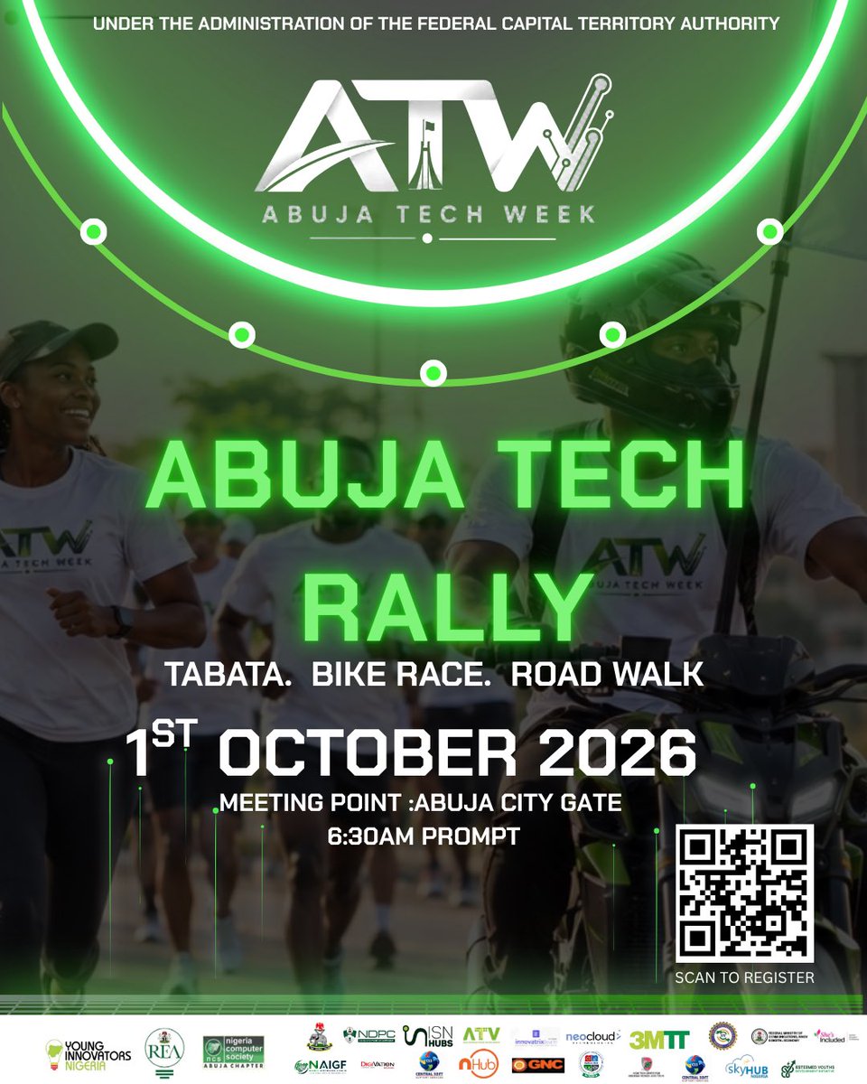 Abujatechweek_'s tweet photo. Nigeria’s Tech Ecosystem Celebrates Independence Day! 

On *1st October 2026*, the Nigerian tech ecosystem comes together to celebrate our nation’s Independence Day with a powerful gathering of innovation, fitness, community, and technology.

Meeting Point:City Gate, Abuja
3,000+ Tech Enthusiasts, Innovators & Professionals
Abuja Tech Rally | Running & Wellness Festival
1st October 2026 | 8:00 AM

Let’s come together as one community to celebrate Nigeria, Innovation, and the future we are building.

Registration is FREE but COMPULSORY 
https://t.co/tI4TfotYF2

FREE PASS — JOIN THE MOVEMENT!

https://t.co/vAeeThQFNn