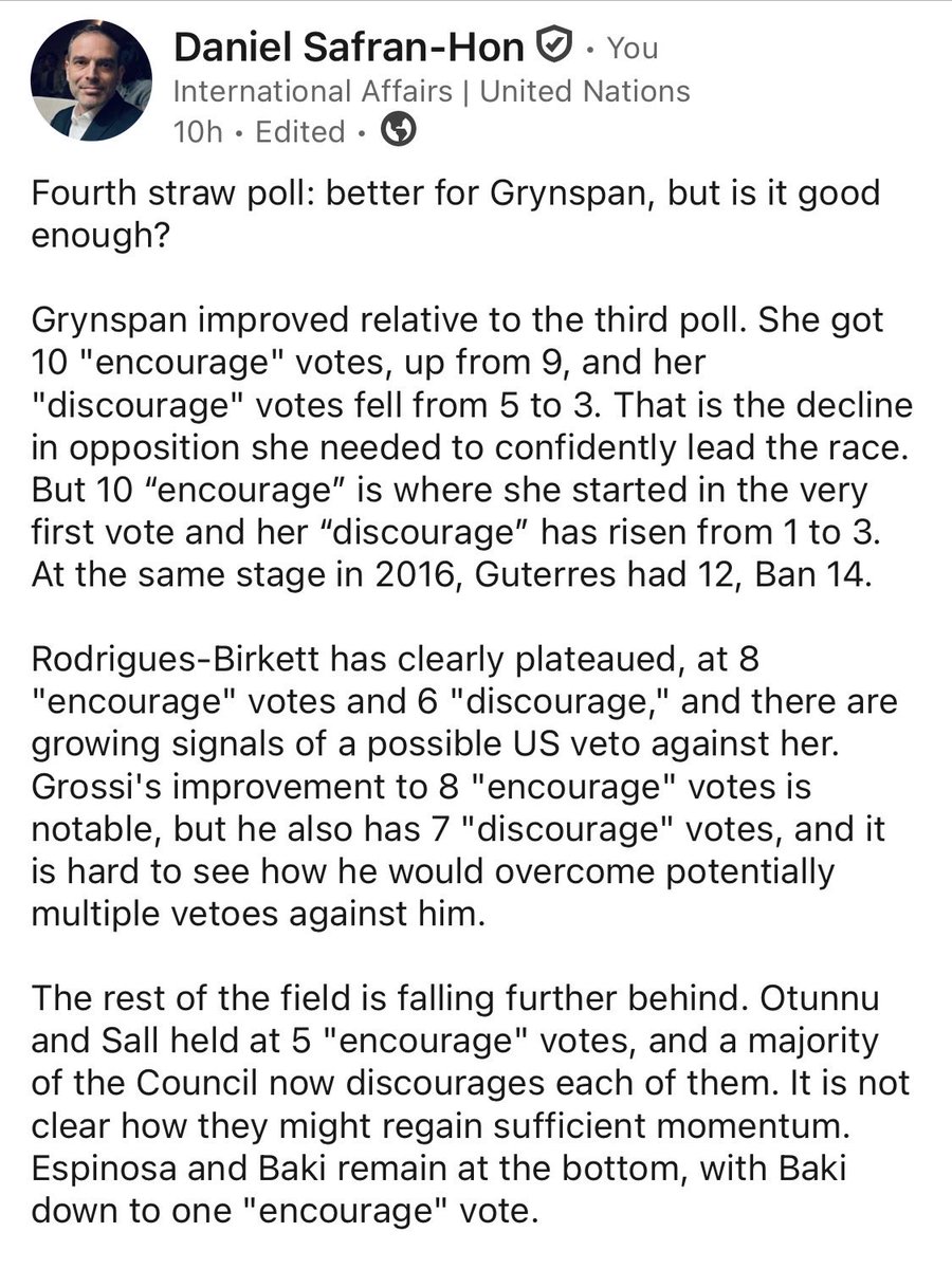 DanielSafranHon's tweet photo. Fourth UNSG straw poll: better for Grynspan, but is it good enough? https://t.co/RPLP06Nsic