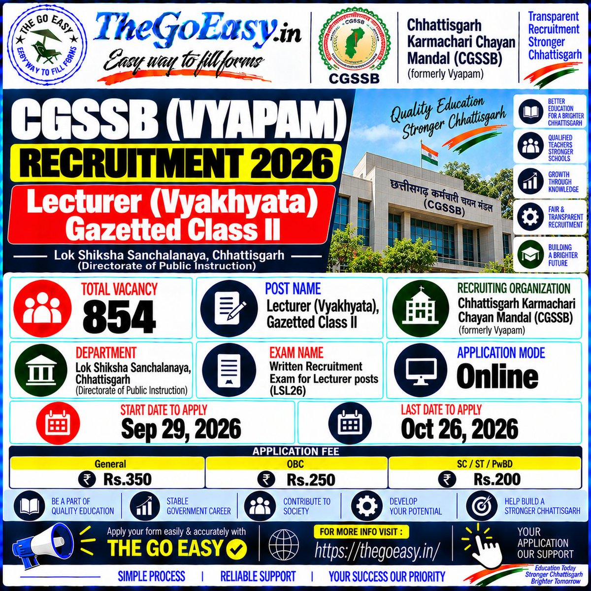 thegoeasy's tweet photo. 🚨 CGSSB Recruitment 2026 | 854 Posts
📋 Posts: Lecturer (Vyakhyata), Gazetted Class II
🏢 Department: Public Instruction, Chhattisgarh
💳 Fee: ₹350 (General) | ₹250 (OBC) | ₹200 (SC/ST/PwBD)
💻 Application Mode: Online
🔗 For More:
🔗 https://t.co/Fi0kUIFufJ https://t.co/tMOitLcNIS