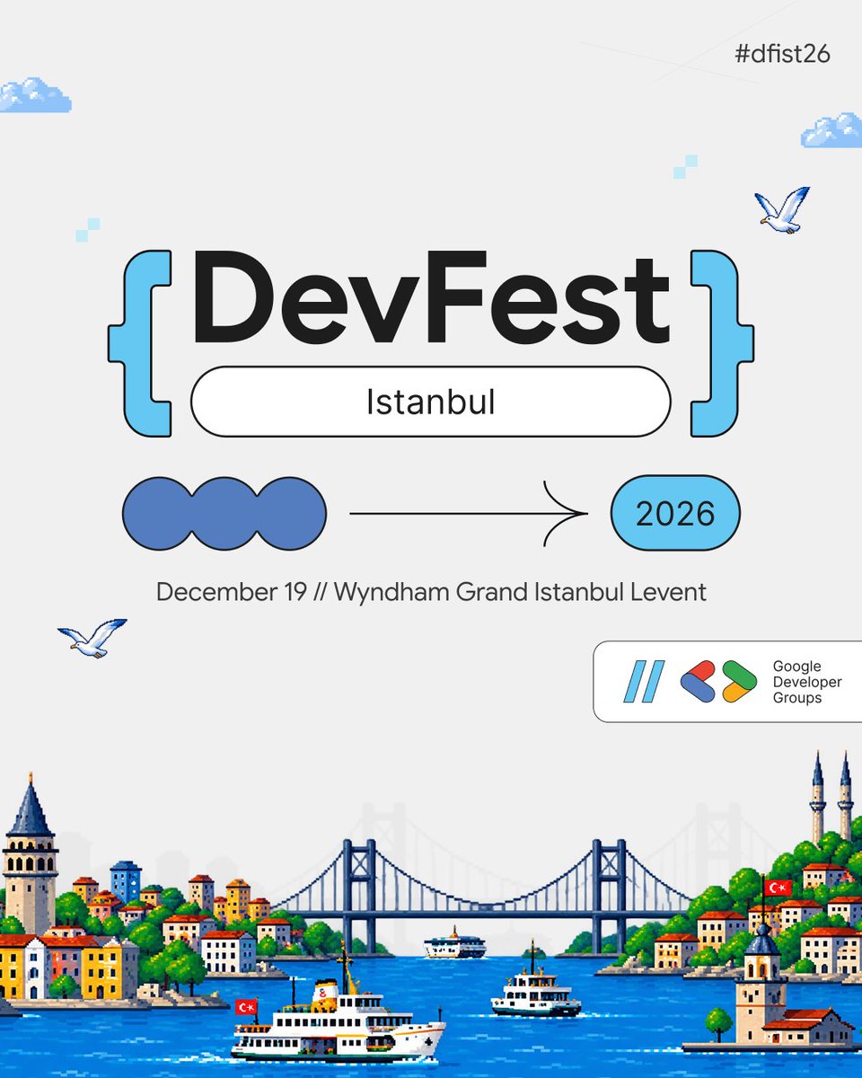 GDGIstanbul's tweet photo. 👀 Did you miss us too?

Because we truly missed you.

The inspiring talks.
The fresh ideas.
The hallway conversations.
The energy of the community.
And that unique atmosphere we create together every year. ✨

The wait is almost over.

We’re coming back to create new stories, build new connections, and bring the developer community together once again. 🚀

📅 December 19, 2026
📍 Wyndham Grand Istanbul Levent

Mark your calendars.
DevFest Istanbul is coming back. 💙

See you in the city. 🏙️

[TR]

👀 Siz de bizi özlediniz mi?

Çünkü biz sizi gerçekten özledik.

İlham veren konuşmaları.
Yeni fikirleri.
Koridorlarda başlayan sohbetleri.
Topluluğun enerjisini.
Ve her yıl birlikte yarattığımız o eşsiz atmosferi. ✨

Bekleyiş sona eriyor.

Yeni hikâyeler yazmak, yeni bağlantılar kurmak ve geliştirici topluluğunu yeniden bir araya getirmek için geri dönüyoruz. 🚀

📅 19 Aralık 2026
📍 Wyndham Grand Istanbul Levent

Takvimlerinizi işaretleyin.
DevFest Istanbul geri dönüyor. 💙

Şehirde görüşmek üzere! 🏙️

#dfist26 #DevFestIstanbul #GDGIstanbul