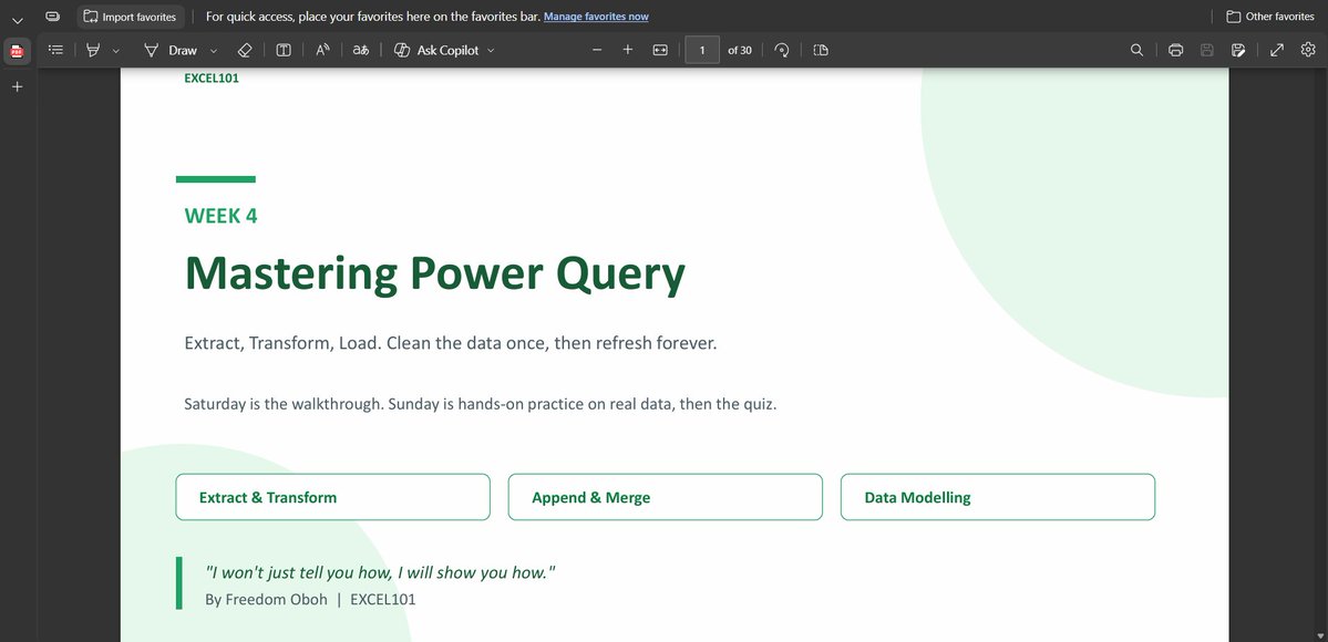 ObohX's tweet photo. Week 4 of EXCEL101: Power Query.
We took messy insurance claims data and turned it into a clean, refreshable dataset.
Unpivot. Merge. Transform. Refresh.
The lesson: stop cleaning the same data manually. Automate the process.
4 weeks down. 1 to go.
#EXCEL101 #Excel https://t.co/JB1FdKsg4A
