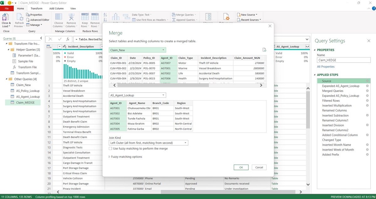 ObohX's tweet photo. Week 4 of EXCEL101: Power Query.
We took messy insurance claims data and turned it into a clean, refreshable dataset.
Unpivot. Merge. Transform. Refresh.
The lesson: stop cleaning the same data manually. Automate the process.
4 weeks down. 1 to go.
#EXCEL101 #Excel https://t.co/JB1FdKsg4A