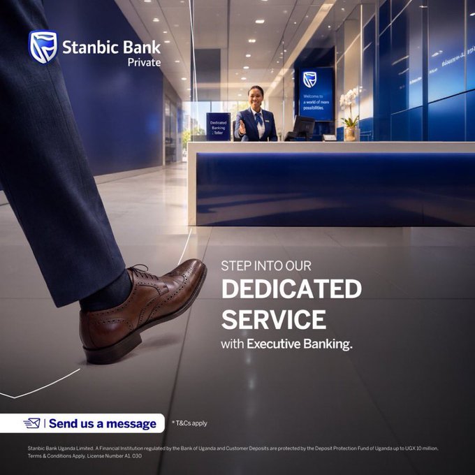 An advertisement for Stanbic Bank Private showcasing 'Dedicated Service with Executive Banking' featuring a man in dress shoes approaching a bank teller.