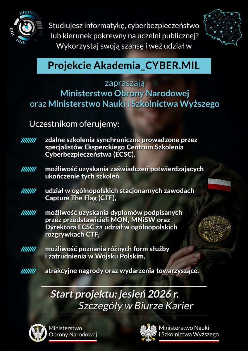 WCRCiechanow's tweet photo. Studiujesz informatykę, cyberbezpieczeństwo lub kierunek pokrewny na uczelni publicznej? Wykorzystaj swoją szansę i weź udział w Projekcie Akademia_CYBER.MIL

#Akademia_CYBERMIL #WCR #Cyberbezpieczeństwo #Informatyka #Studia #Szkolenie #ECSC #CTF https://t.co/GpGndTjxaF
