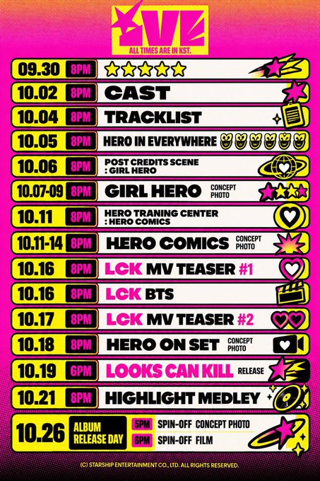 A pink and yellow schedule poster for IVE's album release with dates, times in KST, and content reveals including 'CAST', 'TRACKLIST', 'HERO EVERYWHERE', 'GIRL HERO', 'HERO COMICS', 'LCK MV TEASER #1', 'LCK BTS', 'LCK MV TEASER #2', 'HERO ON SET', 'LOOKS CAN KILL RELEASE', 'HIGHLIGHT MEDLEY', and an 'ALBUM RELEASE DAY' on 10.26, copyrighted by Starship Entertainment.