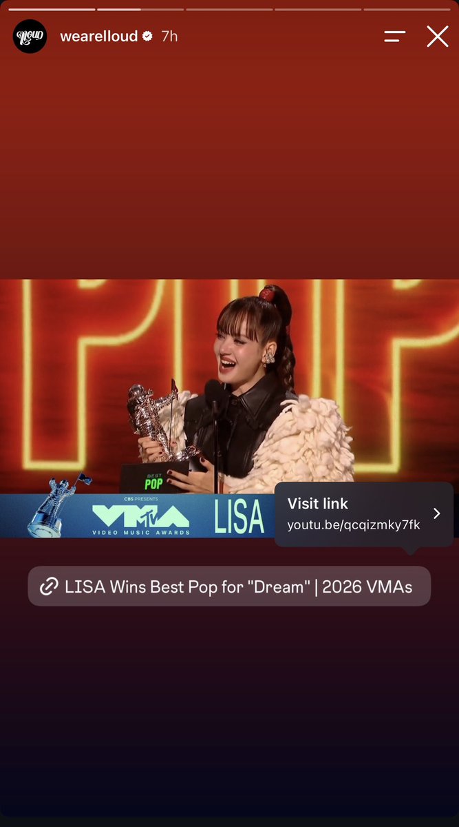 rsomchai1964's tweet photo. #LLOUD IG story update 

LISA wins Best Pop for “Dream” I 2026 VMAs
🔗https://t.co/BDOJNbTHl0

SAWADIKA LISA ON VMAS
#LISAISBACK_VMAS #VMAs     
@wearelloud @MTV @vmas https://t.co/XiyQwqcDxt