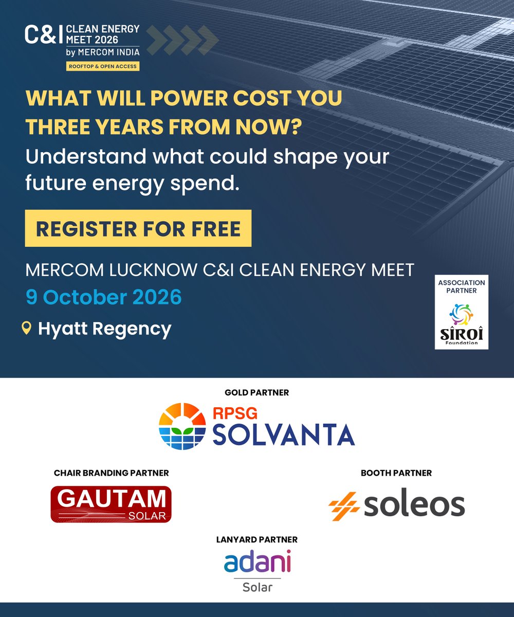 MercomIndia's tweet photo. WHAT WILL POWER COST YOUR BUSINESS THREE YEARS FROM NOW?
Today’s bill only tells you what power costs now.
Understand what could shape what you pay tomorrow.
📅 Oct 9 | Lucknow
REGISTER FREE: https://t.co/oPHwG9AhBz
#MercomIndia #CICleanEnergy https://t.co/Ip1AeTVXgD