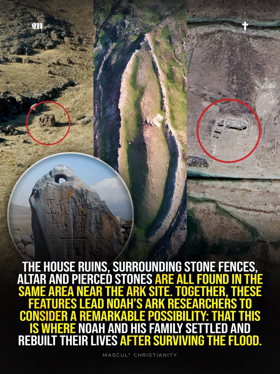 masculchristian's tweet photo. Near Mount Ararat, ancient house ruins, stone fences, an altar and pierced stones have been linked by Noah’s Ark researchers to the place where Noah and his family may have lived after the Flood. The site was already documented by Ron Wyatt in 1977 and is now receiving renewed attention following recent research at the Noah’s Ark site.