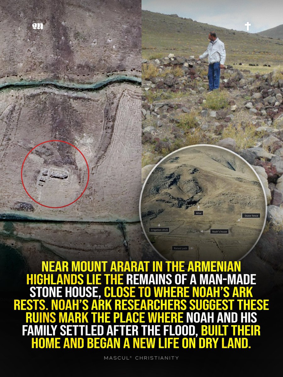 masculchristian's tweet photo. Near Mount Ararat, ancient house ruins, stone fences, an altar and pierced stones have been linked by Noah’s Ark researchers to the place where Noah and his family may have lived after the Flood. The site was already documented by Ron Wyatt in 1977 and is now receiving renewed attention following recent research at the Noah’s Ark site.