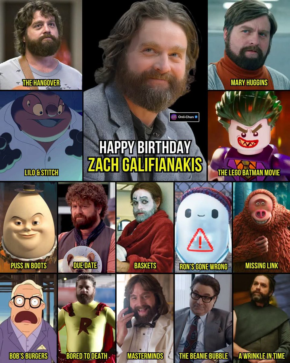 oniichanph's tweet photo. Hangover and Lili & Stitch Star Zach Galifianakis Turns 57 Years Old! 🎙️🎉

Galifianakis became a comedy favorite as the unpredictable Alan Garner in The Hangover trilogy, but his career has stretched far beyond live action. Behind the microphone, he has voiced characters ranging from The Joker in The Lego Batman Movie and Humpty Dumpty in Puss in Boots to Felix Fischoeder in Bob’s Burgers and Ron in Ron’s Gone Wrong.

His animation work has also included Mr. Link / Susan in Missing Link, while his screen résumé spans Due Date, Baskets, The Campaign, Masterminds, Birdman, and his famously awkward interview series Between Two Ferns.

Some of his most notable roles include:
• Alan Garner (The Hangover Trilogy)
• The Joker (The Lego Batman Movie)
• Dr. Jumba Jookiba (Lilo & Stitch)
• Humpty Dumpty (Puss in Boots)
• Felix Fischoeder (Bob’s Burgers / The Bob’s Burgers Movie)
• Ethan Tremblay (Due Date)
• Chip Baskets / Dale Baskets (Baskets)
• Ron (Ron’s Gone Wrong)
• Mr. Link / Susan (Missing Link)
• Marty Huggins (The Campaign)
• Ray Hueston (Bored to D*ath)
• David Ghantt (Masterminds)
• Ty Warner (The Beanie Bubble)
• The Happy Medium (A Wrinkle in Time)
• Bobby (It’s Kind of a Funny Story)
• Therman Murch (Dinner for Schmucks)
and many more!

Galifianakis has made unpredictability part of his signature, bringing the same strange timing and unmistakable personality to animated characters that made his live-action comedy so recognizable.

Here’s to Zach Galifianakis at 57 and many more wonderfully bizarre characters still to come! 🎂🎙️✨