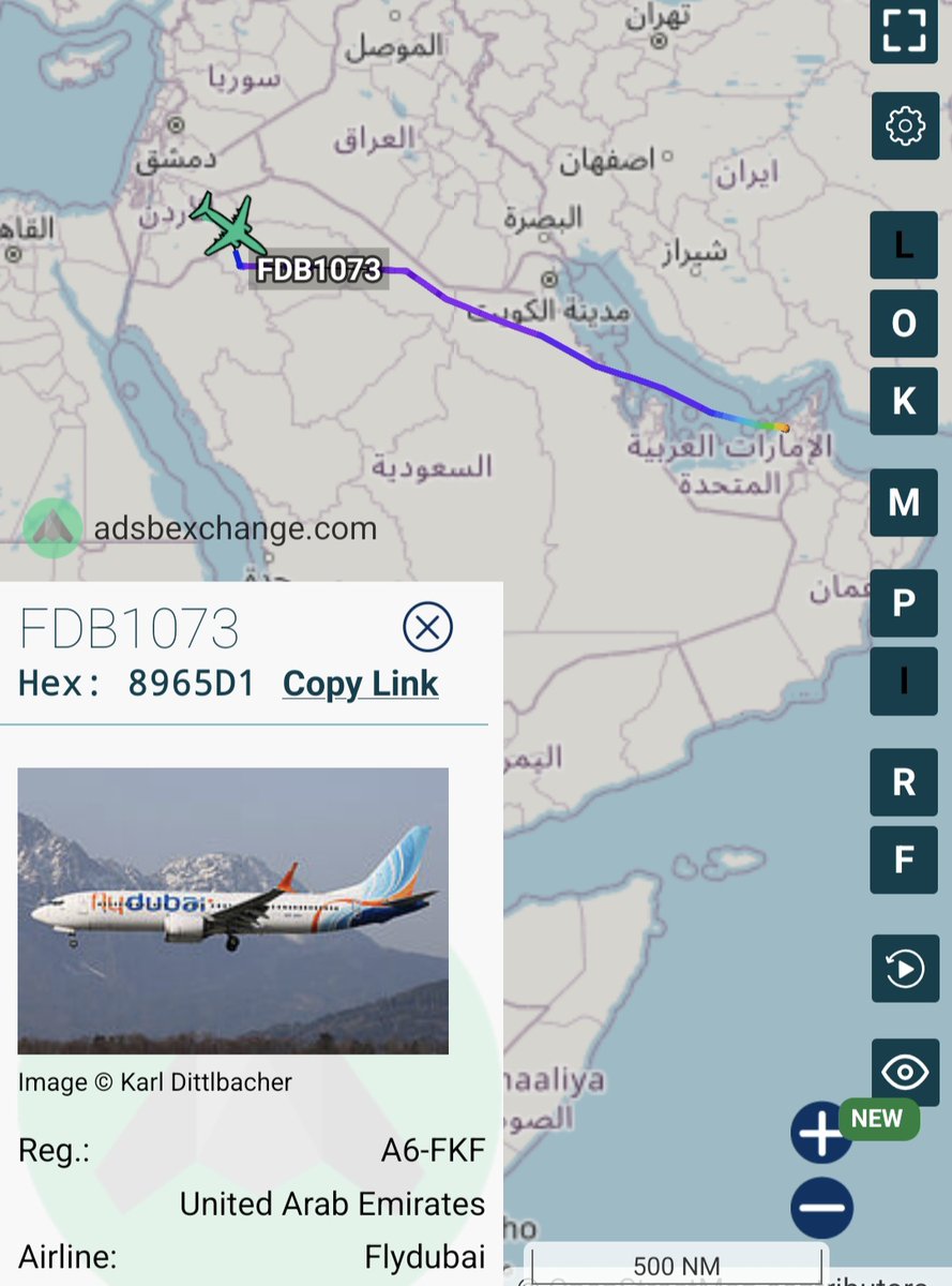 milcotto's tweet photo. #Aviation
#FDB1073
#8965D1
A6-FKF
UAE - Flydubai - Boeing 737-8 MAX
Squawk: 7500
The aircraft currently appears to be flying with the transponder switched off.
https://t.co/qZVbjke7Ur https://t.co/p3MJrXqzxt