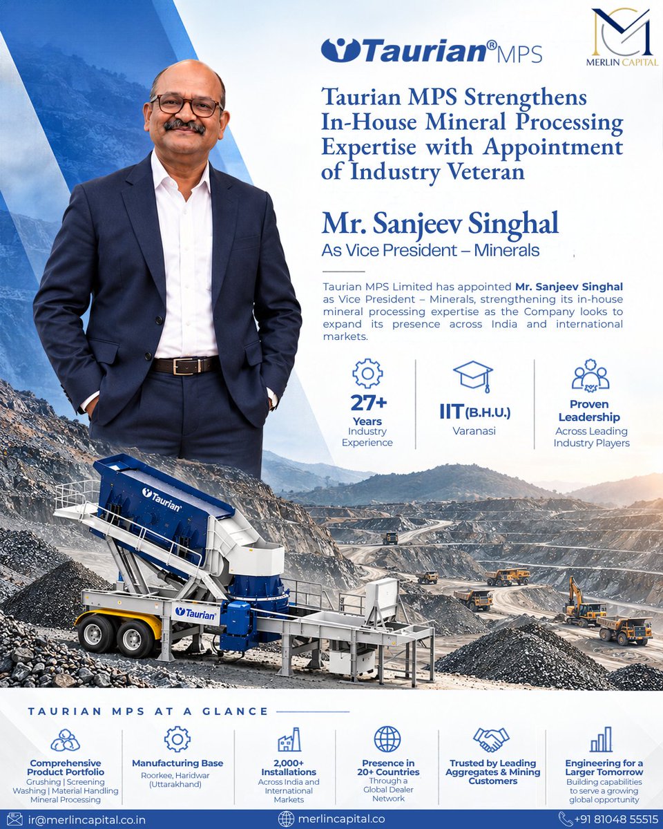 Merlin_Capital's tweet photo. We're happy to share that our client, Taurian MPS Limited has strengthened its senior leadership team with the appointment of Mr. Sanjeev Singhal as Vice President – Minerals, as the Company looks to expand its presence across the mineral processing segment globally. https://t.co/a8LHaRzdWu