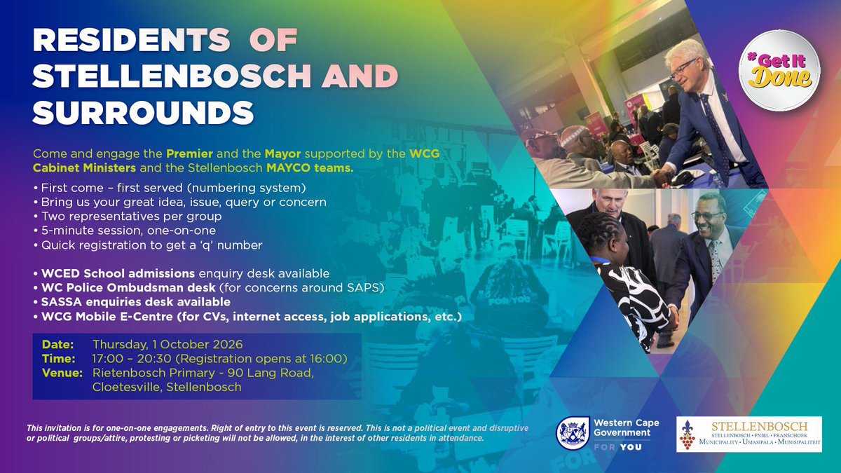ricardomackenzi's tweet photo. Stellies, itโs your turn! ๐คฉ
Open Government First Thursday is coming to Stellenbosch tomorrow, 1 October!
๐ Rietenbosch Primary, Cloetesville
โฐ 17:00โ20:30 | Registration from 16:00
Come chat to @WesternCapeGov ,weโre here to listen and help! ๐
#GettingItDone #ForYou https://t.co/vPpN5258at