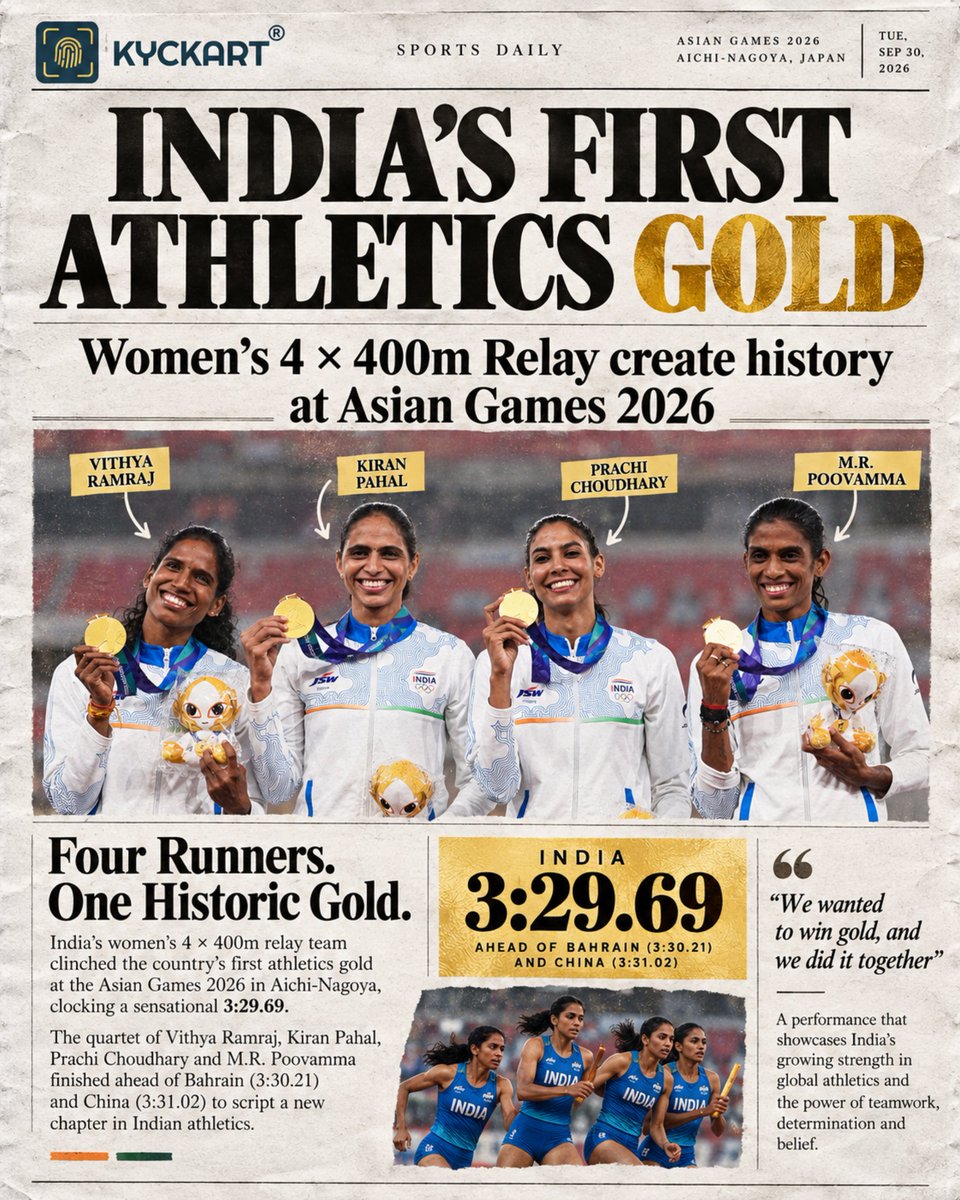 KYCKART_India's tweet photo. 𝐀 𝐇𝐢𝐬𝐭𝐨𝐫𝐢𝐜 𝐆𝐨𝐥𝐝 𝐟𝐨𝐫 𝐈𝐧𝐝𝐢𝐚

A moment of pride for Indian athletics.

Congratulations to 𝐕𝐢𝐭𝐡𝐲𝐚 𝐑𝐚𝐦𝐫𝐚𝐣, 𝐊𝐢𝐫𝐚𝐧 𝐏𝐚𝐡𝐚𝐥, 𝐏𝐫𝐚𝐜𝐡𝐢 𝐂𝐡𝐨𝐮𝐝𝐡𝐚𝐫𝐲, 𝐚𝐧𝐝 𝐌.𝐑. 𝐏𝐨𝐨𝐯𝐚𝐦𝐦𝐚 𝐨𝐧 𝐰𝐢𝐧𝐧𝐢𝐧𝐠 𝐆𝐨𝐥𝐝 𝐢𝐧 𝐭𝐡𝐞 𝐖𝐨𝐦𝐞𝐧’𝐬 𝟒×𝟒𝟎𝟎𝐦 𝐑𝐞𝐥𝐚𝐲 at the Asian Games 2026.

𝟑:𝟐𝟗.𝟔𝟗. 𝐅𝐨𝐮𝐫 𝐚𝐭𝐡𝐥𝐞𝐭𝐞𝐬. 𝐎𝐧𝐞 𝐭𝐞𝐚𝐦. 𝐎𝐧𝐞 𝐡𝐢𝐬𝐭𝐨𝐫𝐢𝐜 𝐚𝐜𝐡𝐢𝐞𝐯𝐞𝐦𝐞𝐧𝐭.

Their performance is a powerful reminder that when determination, trust, and teamwork come together, extraordinary things happen.

𝐂𝐨𝐧𝐠𝐫𝐚𝐭𝐮𝐥𝐚𝐭𝐢𝐨𝐧𝐬, 𝐂𝐡𝐚𝐦𝐩𝐢𝐨𝐧𝐬!🏅

From all of us at KYCKART, wishing the team continued success and many more milestones ahead.

#KYCKART #IndianAthletics #AsianGames2026 #GoldMedal #TeamIndia #Athletics #WomenInSports #IndiaProud #Champions #Teamwork